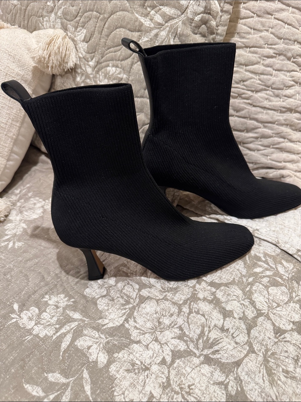 Dolce Vita Black Knit Sock Ankle Boots with Sculpted Heel